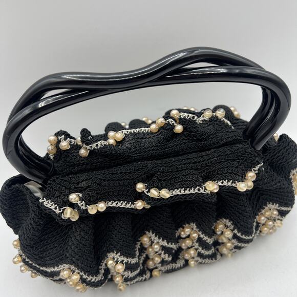 Vintage Hand Crocheted Beaded Purse 9" Lucite Handle Black Silver Hard Bottom - Picture 4 of 8